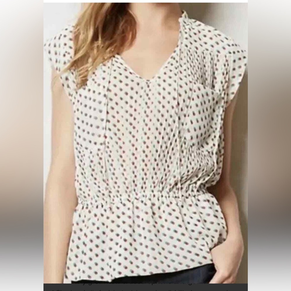Isani Anthropologie SZ 6, polka dot gathered waist pleated top.